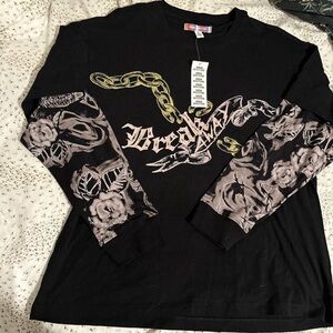 Urban Outfitters Black Long-Sleeve Graphic Tee with Floral Layered Sleeves